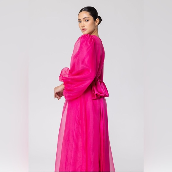 VEILED NWT Silk Organza Balloon Sleeve A-Line Maxi Dress Sz Small Short Hot Pink - Picture 2 of 9